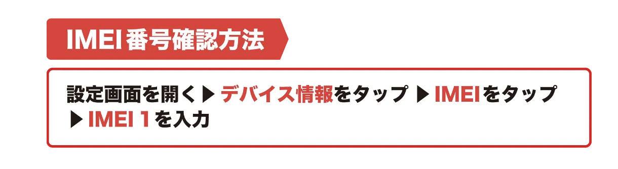 IMEI番号確認方法 設定画面を開く デバイス情報をタップ IMEIをタップ IMEI 1を入力